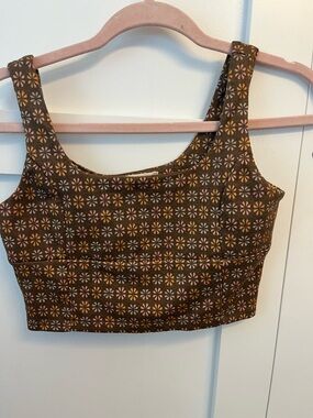 Altar'd State Brown Crop Tank with Pink & Gold Floral Motif